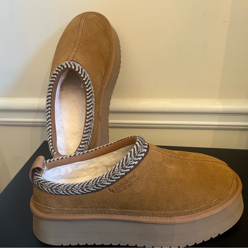 Kookaburra by Ugs Tan Suede Mules with Patterned Trim and Platform Sole